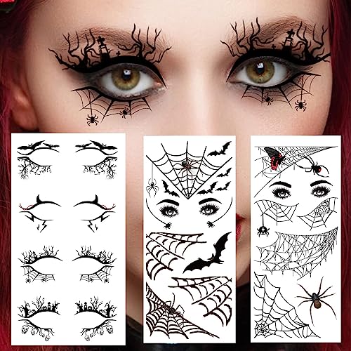 Halloween Eye Shadow Tattoo Stickers with Spider Web Skull Bat Design - 4 Pairs for Face Makeup