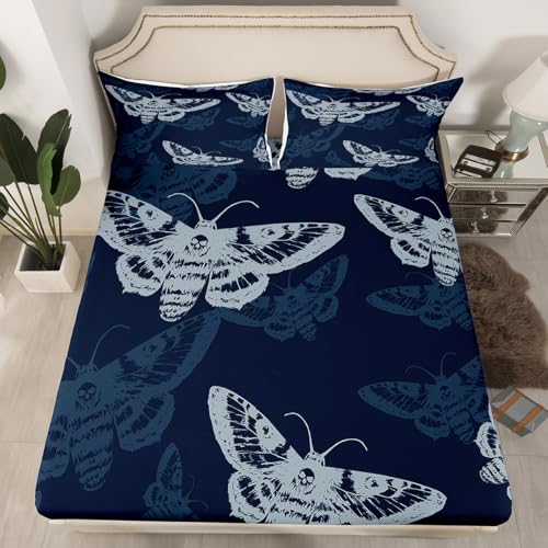 Full Size Boho Moth Bed Sheets Set - Navy Blue & White, Fitted & Flat Sheets