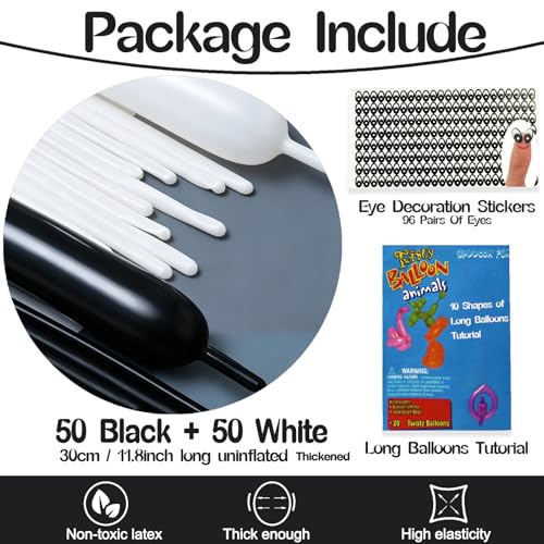 Black White Long Balloons Set - 50 Pack, 30cm Inflatable for Balloon Arch & Party Decor - Variation: Black White
