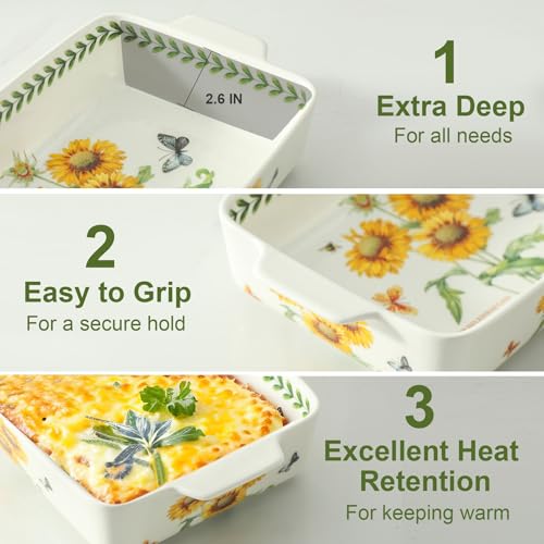 Sunflower Ceramic Baking Casserole Dish Set with Handles, Large 2-Piece Oven Bakeware