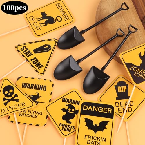 Halloween Cupcake Toppers and Disposable Spoons Set - Zombie Warning Party Decorations