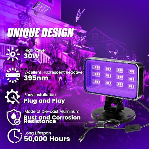 30W Waterproof Outdoor UV Black Light Flood Light for Glow Parties and Halloween