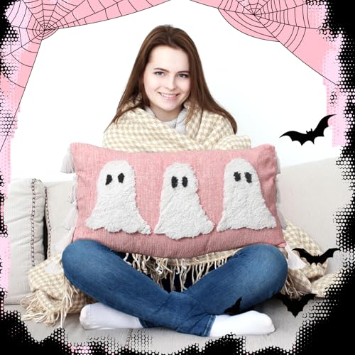 Halloween Ghost Lumbar Throw Pillow with Tassels - Pink, 14x26 Inches