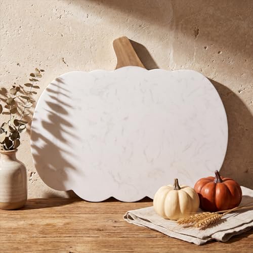 Pumpkin Shaped Marble Cheese Board - Fall Autumn Decorative Serving Tray - White, 11 x 9.8 Inch