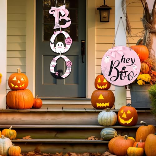 Halloween Pink Boo Door Sign & Wreath Set Wooden Halloween Decorations