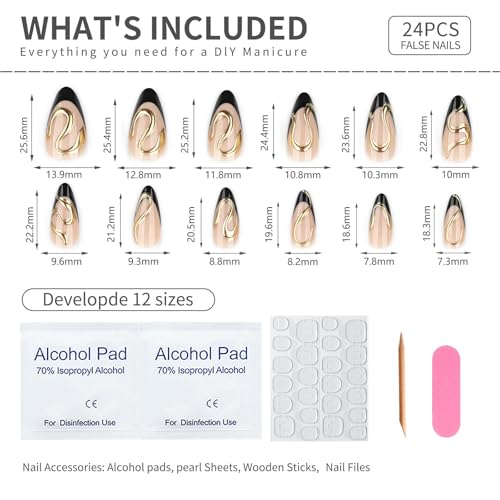 Black French Tip Press On Nails Almond Stiletto - Nude Glossy Fake Nails A07-Black