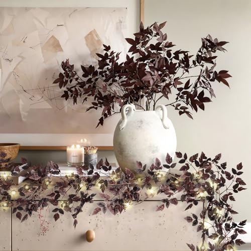 12Ft Plum Fall Garland Set - 2 Pack, Realistic Seeded Leaf Decor for Fireplace Mantle & Outdoor Halloween