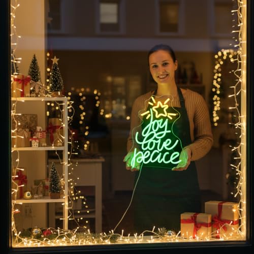 Christmas Tree Neon Sign - Joy Love Peace with Green Yellow Variations - USB LED Wall Decor