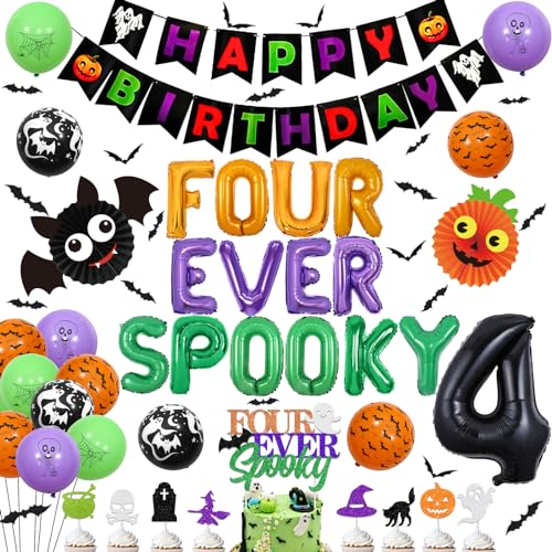 Halloween 4th Birthday Party Decorations Foil Balloons Banner & Ball Set - Black, Orange, Green, Ghost & Bat Theme with Variation Black Orange Green