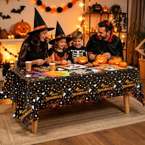 Halloween Party Tablecloths 3 Pack - Spooky Pumpkin Ghost Bat Skeleton Design - Black, White, Yellow