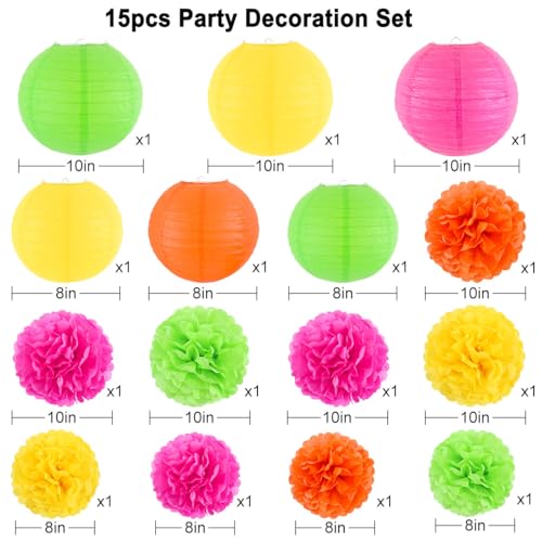 Neon Paper Lanterns and Pom Poms Glow Party Decorations - 15pcs - Neon