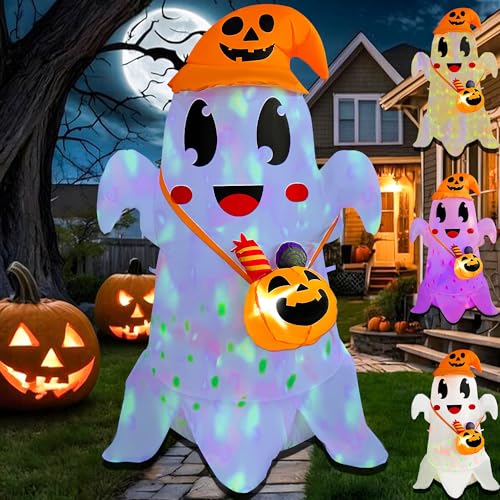 5FT Halloween Inflatable Ghost with Witch Hat and Pumpkin Candy Can with LED Light