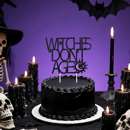 Halloween Witches Don't Age Cake Topper Black Glitter Decor for Birthday Party