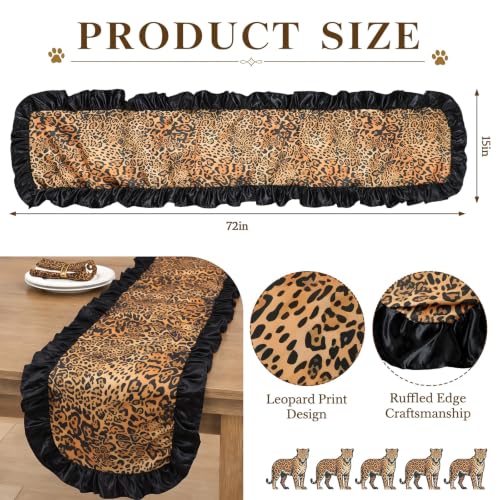Christmas Leopard Table Runner with Black Ruffle Border - 13x72 Inches
