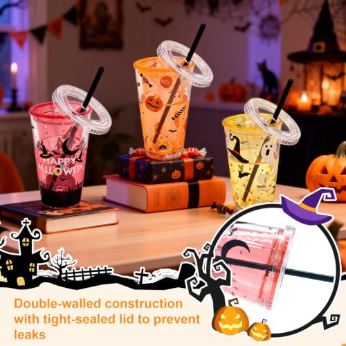 Halloween Party Cups Set 15 oz Double-Wall Plastic Glitter Cups with Lids & Straws