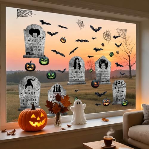 Halloween Window Clings Set - Static Decor for Indoor Outdoor Windows, Tombstones & Witch Stickers