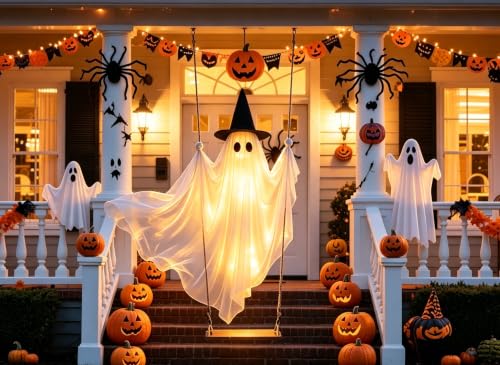 5 FT Hanging Ghost Halloween Decor with Witch Hat, LED Lights & Remote, Outdoor Indoor Yard Tree Porch Ornament - 1pc