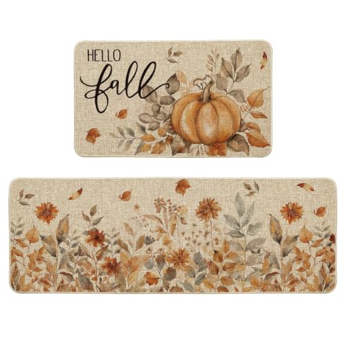 Pumpkin Hello Fall Kitchen Mat Set of 2 - 17x29 & 17x47 Beige