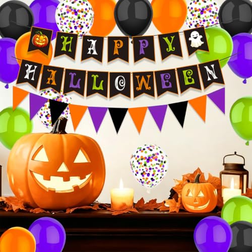 Halloween Balloon Decorations Set with Banner and Flags - 22pcs Party Supplies