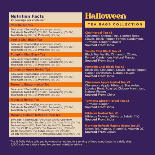 Halloween Tea Gift Set - 20 Flavored Tea Bags Assorted Pack with Variation Halloween Tea Collection