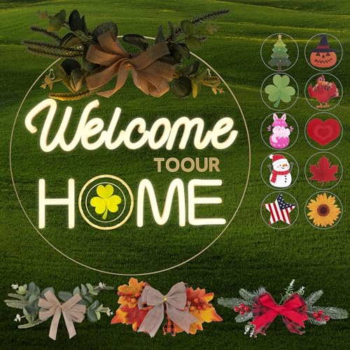 Welcome Home Neon Sign with Seasonal Wreaths & Icons - Front Door Decor - Variations Available