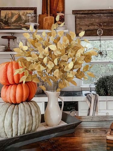Artificial Fall Birch Leaves Stem - Light Brown 6 Pcs Faux Autumn Greenery, 33.4" Tall for Thanksgiving & Wedding Decor