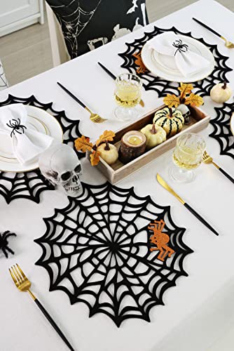 Halloween Spider Web Placemats Set of 4 - Black & Orange Glitter Felt Spiders
