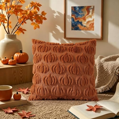 Fall Pumpkin Throw Pillow Covers Set of 2 - Light Rust 18x18 Inches - Farmhouse Decor