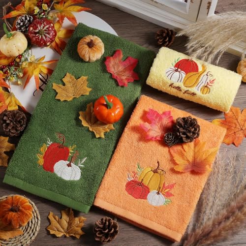 Autumn Thanksgiving Pumpkin Hand Towels Set of 3 - Cotton Kitchen & Bathroom Decor