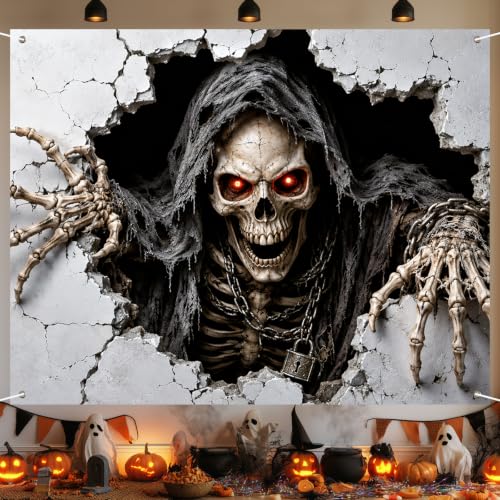 Skeleton Wall Banner Halloween Decor Breakout Banner 71x43 Inch - Hooded Skull Scene