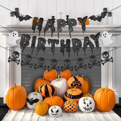 Pre-String Black Happy Birthday & Halloween Skull Banner Glitter Decorations