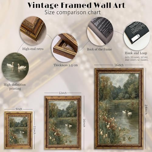 Vintage Gold Framed Impressionist Swan Lake Landscape Painting 12x16 Inch - Swans