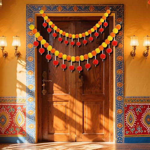 Orange Marigold Garland with Pearls for Diwali Decoration - 5Ft, 2 Pack