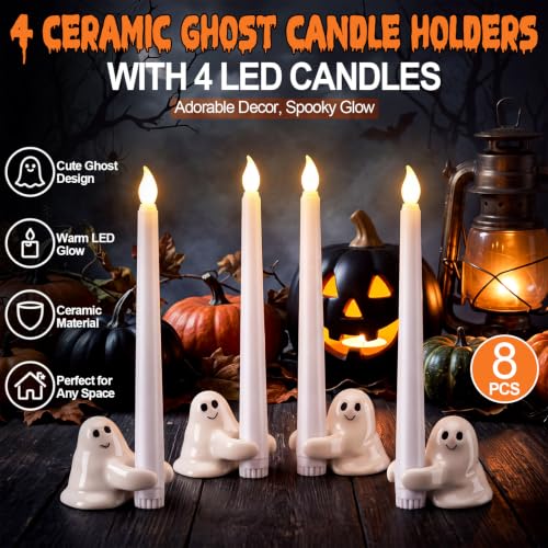 Halloween Ghost Candle Holders Set with LED Taper Candles – Cozy Ghost Hug Design