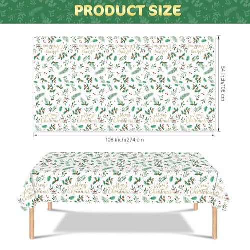 Christmas Disposable Rectangular Tablecloths 3 Pack - Holly Leaves & Red Berries, 54x108 Inch - Holiday Party Decorations