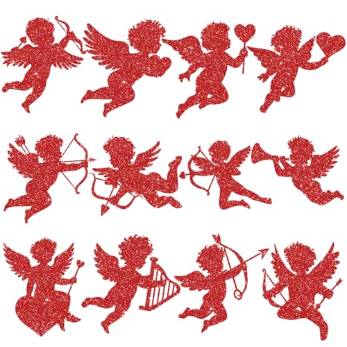Red Valentine Cupid Paper Cutouts - Glitter Giant Bulletin Board Decorations, 12 Pcs