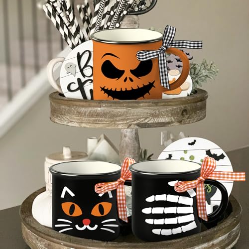 Halloween Spooky Face Mini Coffee Mug Set - Black Cat Skeleton, Orange Variation