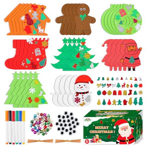 Christmas Crafts Kit with Foam Ornaments and Decorations - Xmas Tree Snowman Gingerbread Man Variation