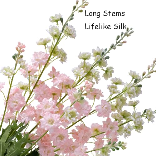 Pink Artificial Delphinium Flowers 34 Inch Tall Faux Silk Flower Stems for Home Wedding Decor - Set of 4