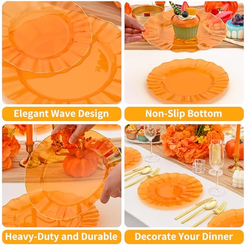 Clear Orange Plastic Plates Set with Gold Rim - 60 Pcs Disposable Dinner & Dessert Plates, Elegant Wave Design, Reusable for Parties & Weddings