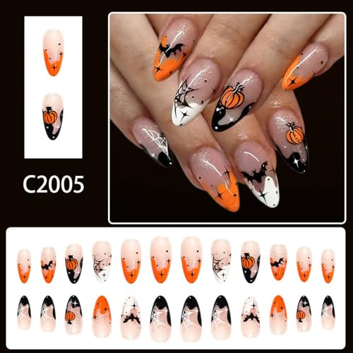 Halloween Press On Nails Medium Almond French Tips Pumpkin Design - Variation W43