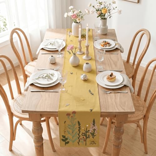 Light Camel Floral Embroidery Table Runner 13x72 Inch for Kitchen Dining - Spring Summer Home Decor