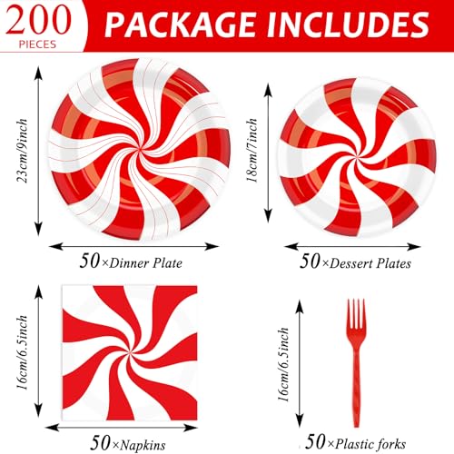 Christmas Peppermint Candy Cane Plates & Napkins Party Set - 200PCS, Disposable Tableware, Holiday Party Supplies