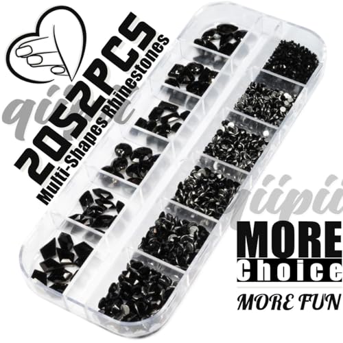 Black Nail Art Rhinestones Kit - 2052pcs Multi-Shaped Flatback Gems with Beads & Tools - Jet Black / A Set
