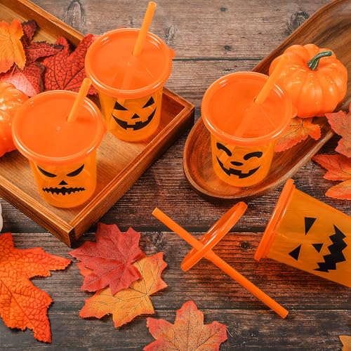 Trendy 12-Pack Halloween Pumpkin Cups with Lids & Straws - 10 oz Reusable Tumblers