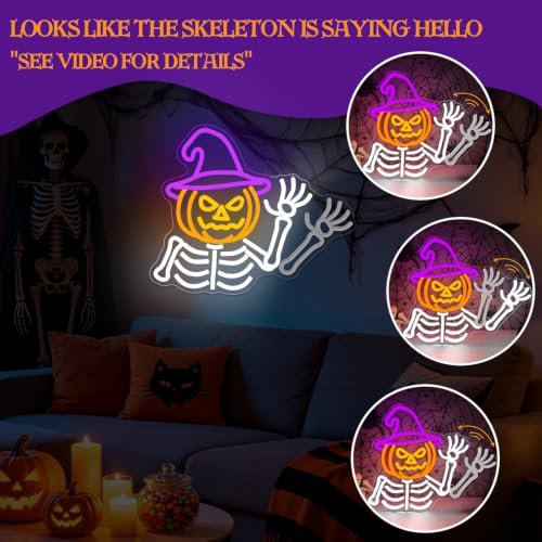 Waving Pumpkin Skeleton Neon Sign for Halloween Wall Decor USB Dimmable LED Light