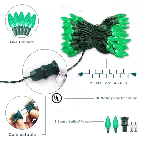 Green C6 LED Christmas Lights Outdoor - Festia 70 Bulb String, Waterproof & Connectable - St. Patrick's Day Decoration