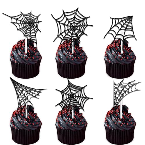 18pcs Black Glitter Halloween Cupcake Toppers for Spider Web Theme Party Decor