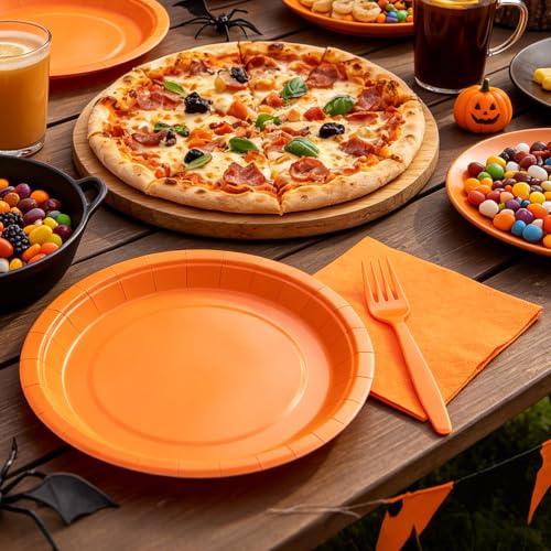 7 Inch Orange Party Plates and Napkins Set for 50 Guests - Disposable Fall Halloween Birthday BBQ