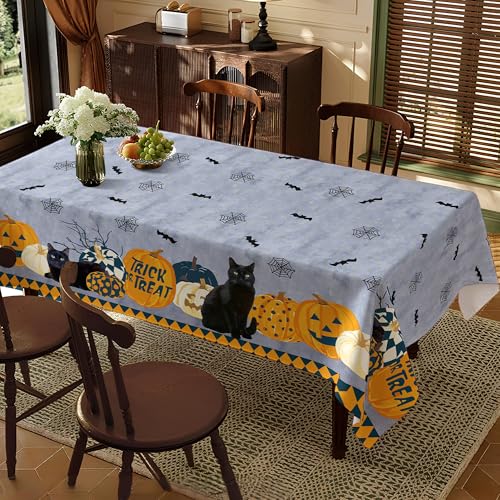 Halloween Waterproof Tablecloth - Spooky Pumpkin, Black Cat, Bat & Web Design - 84x60 Inches Rectangular